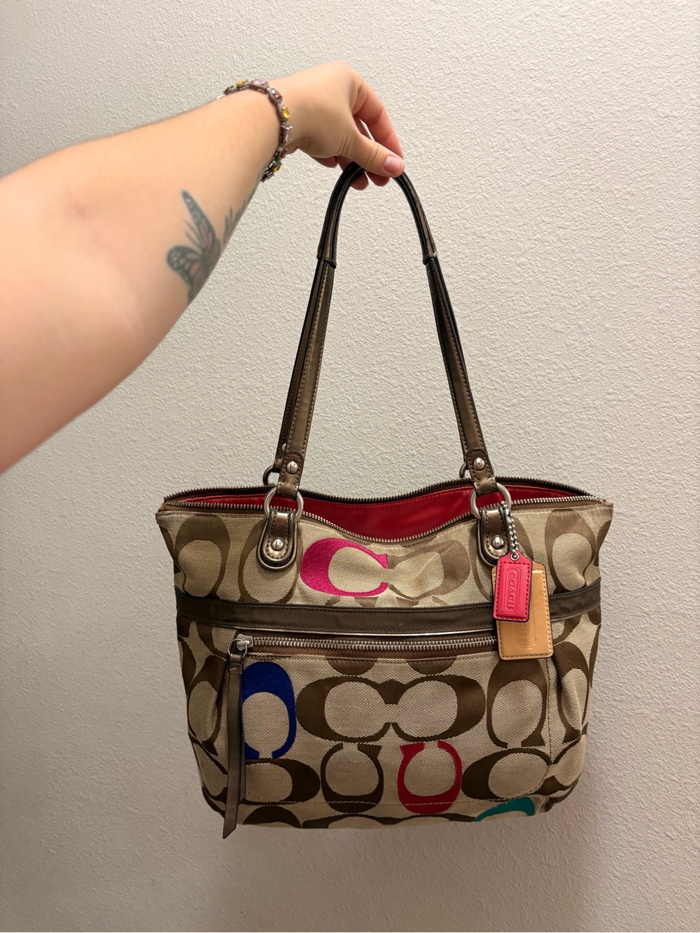 Coach Multicolor Signature Canvas Shoulder Tote in Khaki with Pink Trim